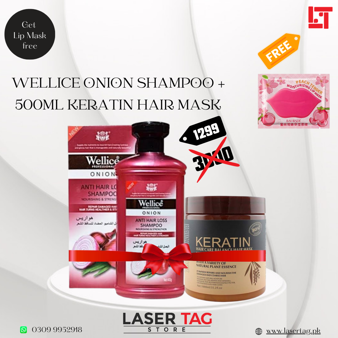 Wellice Onion Shampoo + 500 ML Keratin Hair Mask Brazil Nut + Lip Mask Free