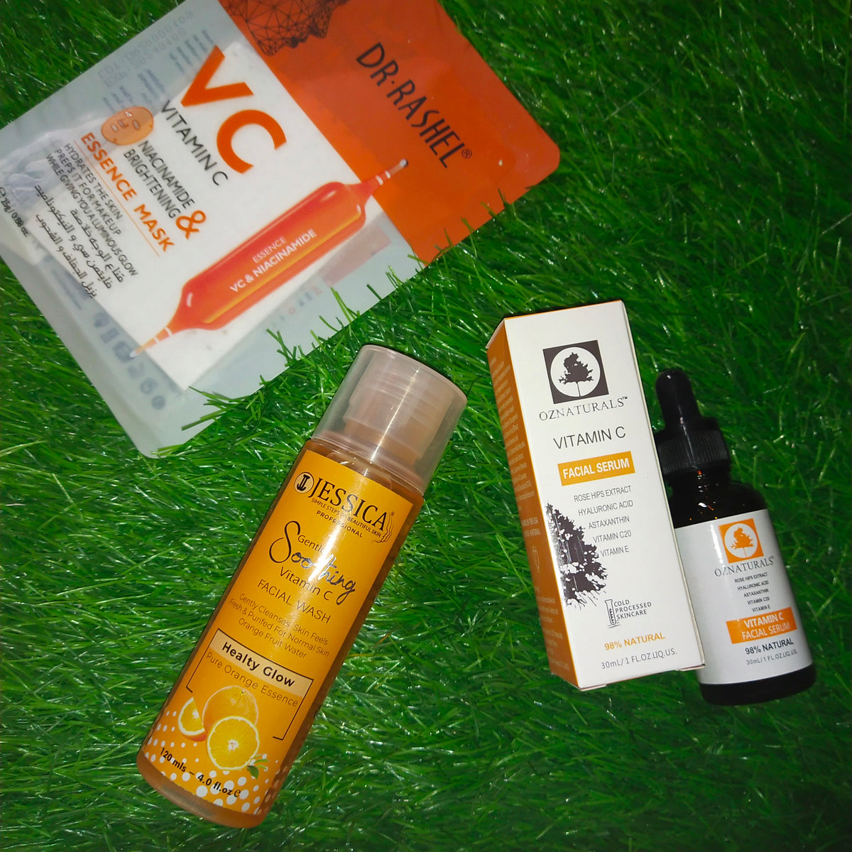 Oz Natural Vitamin C Face Serum + Jessica Facial Wash + Dr Rashel Vitamin C Essence Sheet Mask